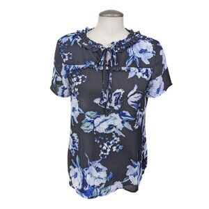 Karl Lagerfeld Ruffle Floral Black Blue Short Sleeve Key Hole Tie Blouse Medium